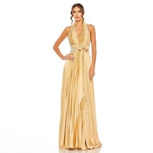 Mac Duggal Pleated Halter Neck Gown with Center Bow